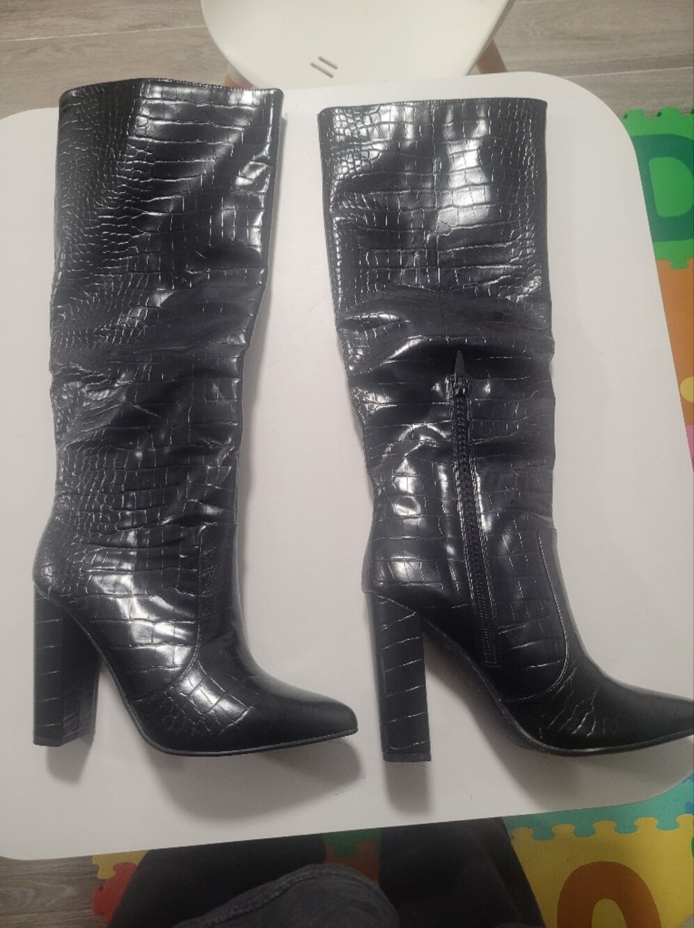 Croc-Embossed Black Over-the-Knee Block Heel Boots